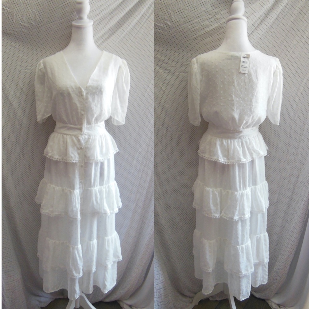 NEW ENGLISH FACTORY White SWISS DOTS Tiered RUFFLE Button Front MAXI DRESS M